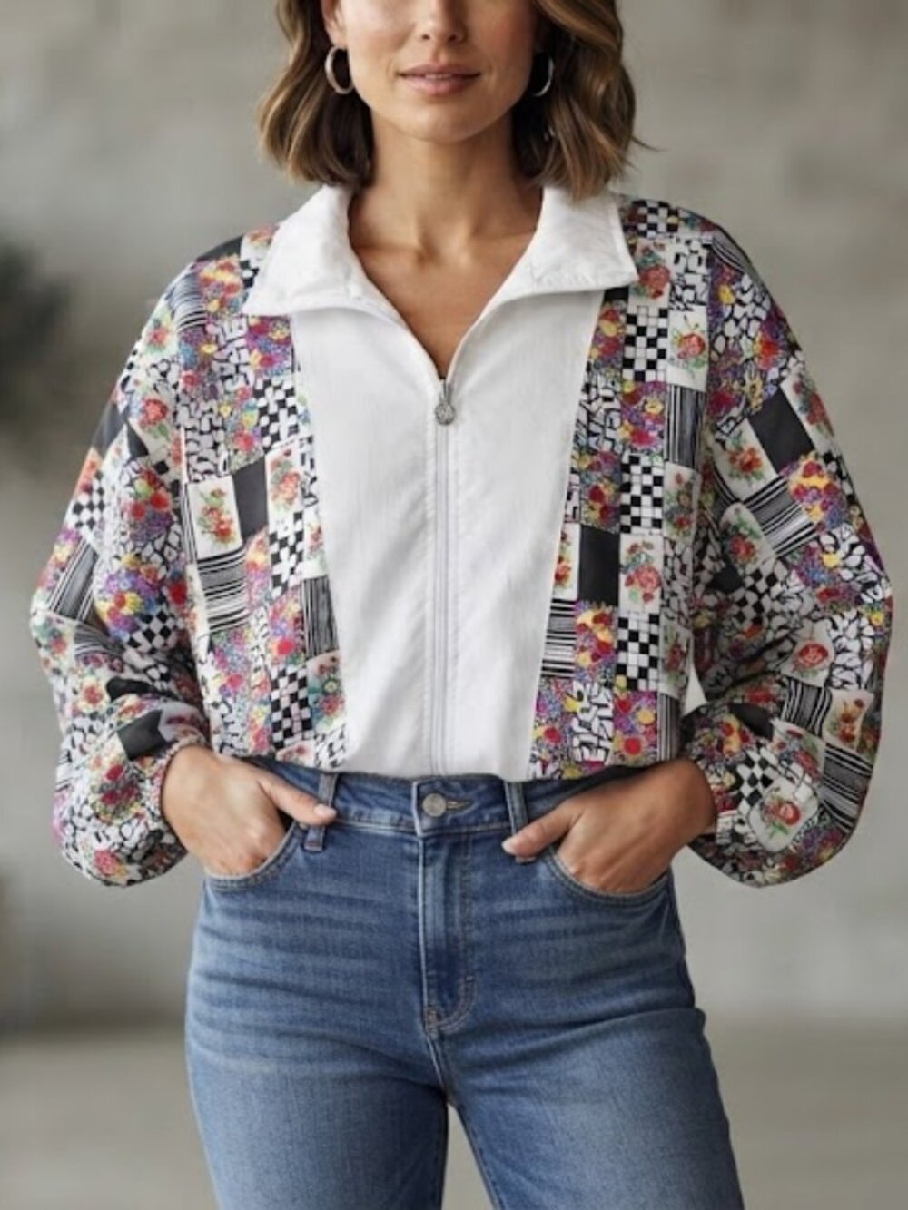 Vintage White Floral & Checkerboard Bomber Jacket